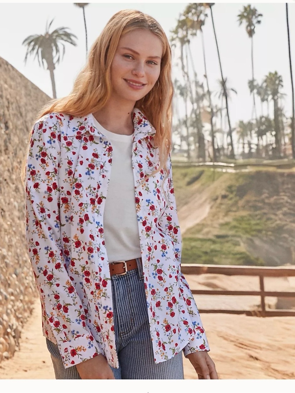 Lands' End White Button-Down Shirt with Red, Blue & Yellow Floral Print